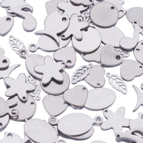 PandaHall 100pc Stainless Steel Heart Fish Oval Flower Leaf Stamping Tag Pendant Charm Mixed Shape Bracelet DIY Jewelry Findings