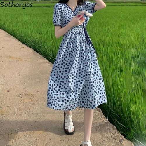 Women Short Sleeve Dresses Floral Elegant Sweet V-neck Students Draped A-line Midi Dress Streetwear Ulzzang Lovely Retro Slim