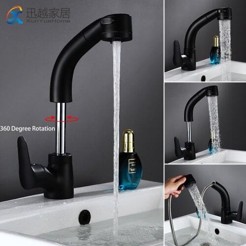 Lifting Black Pull Out Counter Basin Water Faucet Sink Hot Cold Single Hole Round Handle Partial Copper Retractable Rotatable