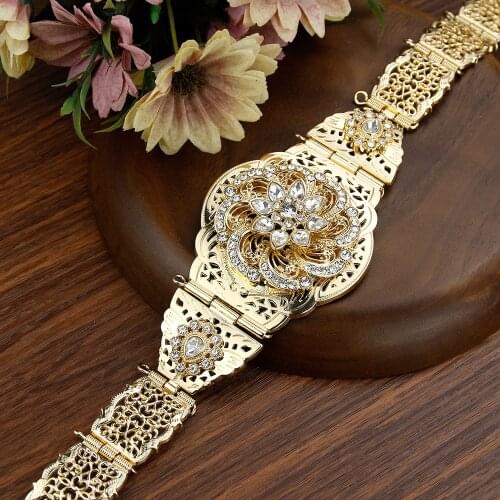 Sunspicems Elegent Morocco Crystal Belt For Women Gold Silver Color Wedding Jewelry Caftan Waist Belt Chain Adjustable Length