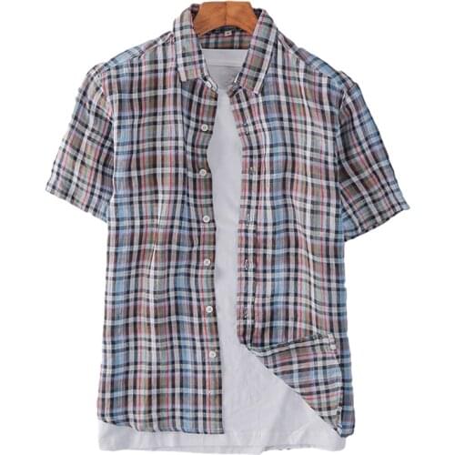 Plaid Shirts for Men Short Sleeve Linen Tops Summer Casual Turn-down Collar Japanese Fashion Vintage Designer Clothing