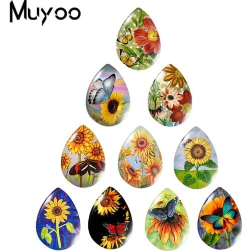 2020 New Butterfly and Sunflower Tear Drop Glass Cabochon Art Photo Jewelry Handcraft DIY Accessories