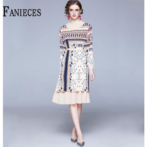 Spring Autumn Fashion Pink Print Dresses For Women Mid-length Luxury office Ladies Long-sleev Dress femme robe vestido de mulher