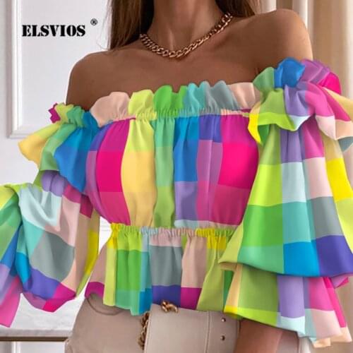 Fashion Printed Streetwear Women Short Sleeves Summer Autumn Pleated Blouses Sexy Off-shoulder Elegant Slim Office Chiffon Tops