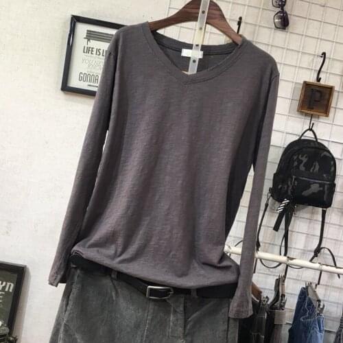 Cotton Linen Solid Women T-Shirts Summer Vintage 2021 V-Neck Long-Sleeved Casual All Match Female Pulls Tops Tees