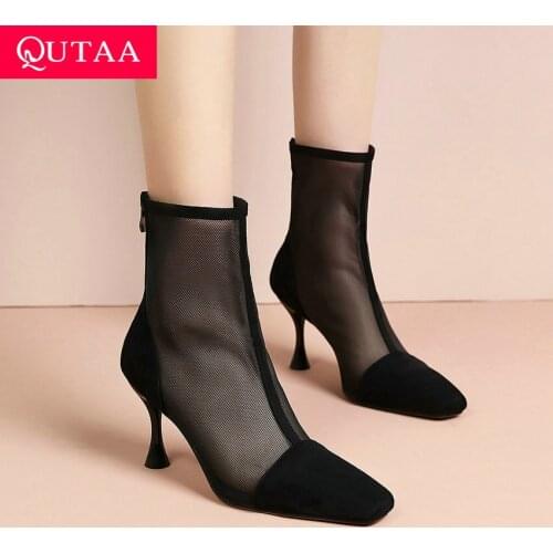 QUTAA 2021 Flock Mesh Zipper Female Pumps Spring Summer Square Toe Ankle Boots Thin High Heel Fashion Women Shoes Big Size 34-43