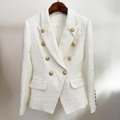 White Tweed Woolen Women Jackets Coat Blazer Autumn Winter 2020 New Double Breasted Pointed Collar with Button Blazers Jacket