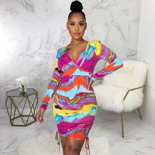 Rainbow Tie Dyeing Print Elegant Wrap Dress for Women Deep V Neck Full Sleeve Bodycon Dress Summer Ruched Drawstring Vestidos