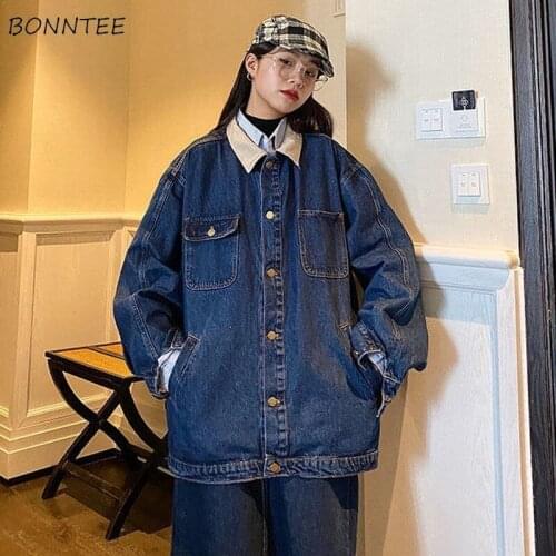 Basic Jackets Women Teenagers Outwear All-match Street Vintage Ladies Coats Retro Denim BF Style Stylish Simple Single Breasted