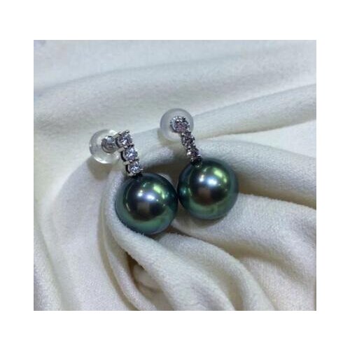 Free shipping >>>>noble jewelry stunning AAA round 10-11mm Tahitian black green pearl earring 14k