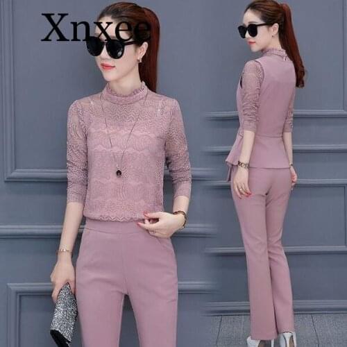 3 Piece Set Ladies Trouser Suit New Fall Spring +Lace Shirt +Pencil Pants Elegant Office Female Pants Set Office Elegant