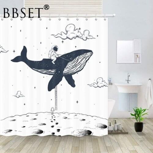 Cute Cartoon Shower Curtain Astronaut Riding A Whale on The Moon Pattern Waterproof Multi-size Douchegordijn Kids Bathroom Decor