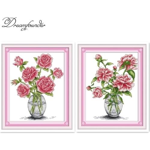 Roses in vase cross stitch kit pink flowers 18ct 14ct 11ct count pre print canvas x stitching embroidery DIY handmade needlework