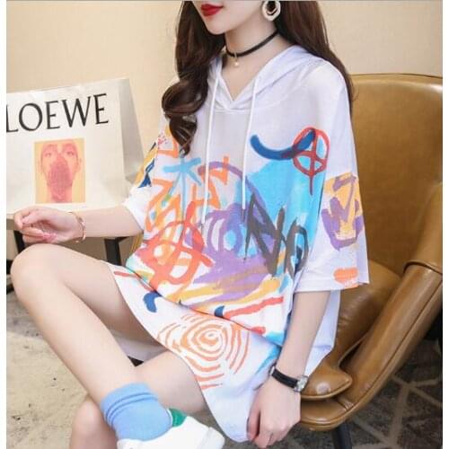 New summer full print loose mid-length plus size womens hooded short-sleeved t-shirt blouse