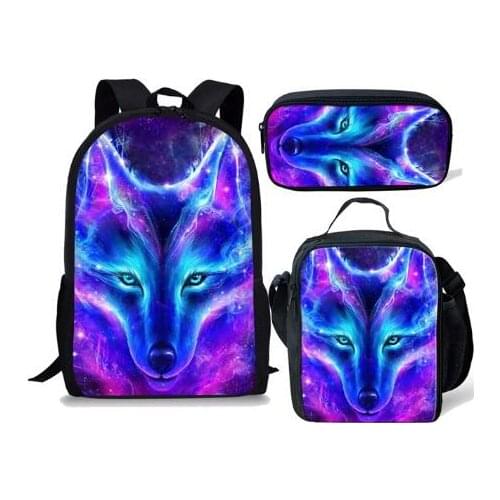 New 3pcs Set Girl Boy Backpack Purple Space Stars Galaxy Wolf Schoolbag College Student Mochila Rucksack Kid School Bags