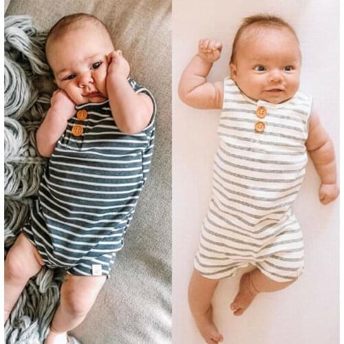 Newborn Infant Baby Boy Girl Striped Cotton Clothes Sleeveless Rompers Casual Kids Outfit 0-24M
