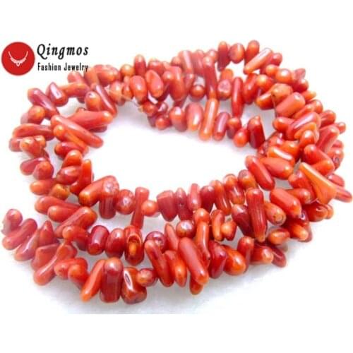 Qingmos Red Natural Coral Beads for Jewelry Making Necklace Bracelet with 4*12mm Pin Branch Shape Coral loose 15" Strand-los537