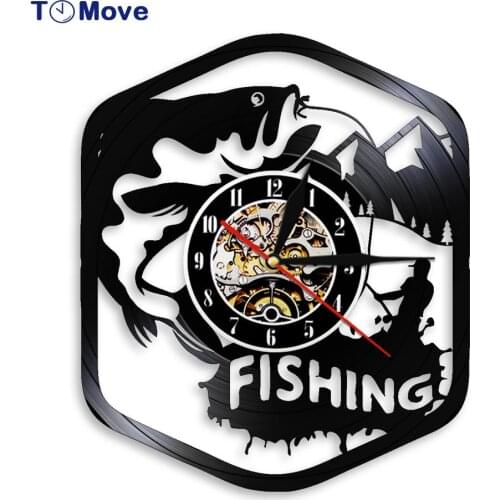 Fishing Vinyl Record Wall Clock Fisherman Silent LED Wall Clock Modern Design Fishing Retro Clock Fisherman Fishing Lovers Gift