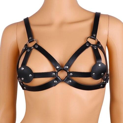 Sexy Women Tanks Top Black Bondage Lingerie Punk PU Leather Bra Harness Belt with Metal O-Rings Roleplay Costume Clubwear