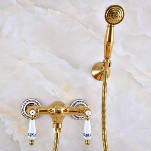 Modern Polished Gold Color Brass Wall Mount Bathtub Faucet with Handheld Shower Set +1.5M Hose Mixer Tap 2na988