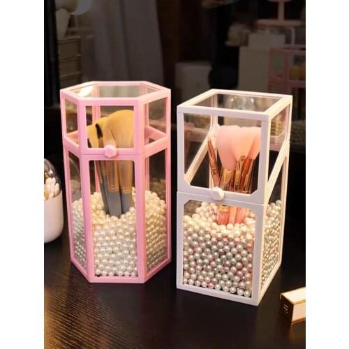 Glass Makeup Brush Box Holder Jewelry Box Pencil Bucket Makeup Brushes Organizer Desktop Cosmetic Storage Box Pearls Barrel