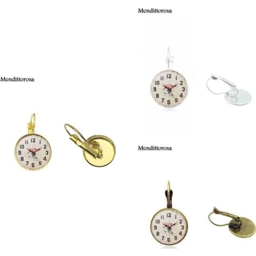 Mendittorosa Time pointer Glass Cabochon Bronze/Silver/Golden Clip Ear Hook Drop Earrings For Women Handmade Colorful Peacock