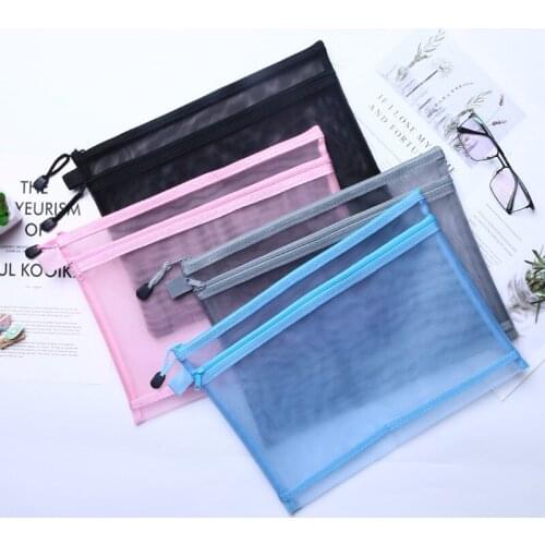 100Pcs Two layers A4 file Bag Pencil Bag Simple Transparent Mesh Yarn Zipper Stationery Bag Student Large-capacity Pencil Pouch