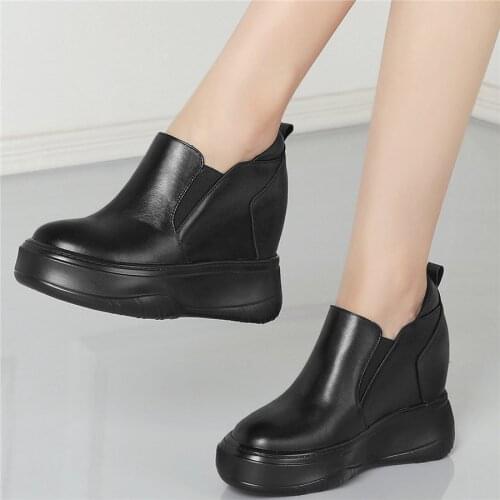 Med Top Platform Pumps Shoes Women Genuine Leather Wedges High Heel Ankle Boots Female Round Toe Fashion Sneakers Casual Shoes