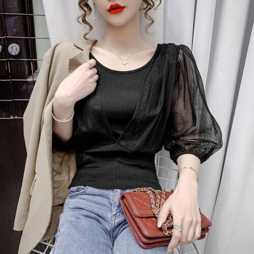 Women Top Summer Autumn New Mesh Stitching Ice Silk Knitted Tshirt Half Sleeve Tops Femme Blusas Mujer 2021 Pink White Black