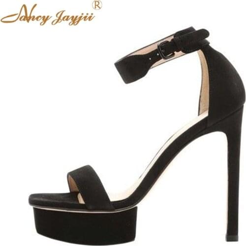 Flock Women Sandals Ladies Shoes Black/Red solid Platform Ankle-Wrap Buckle Super High Thin heels Sweet Leisure Fashion 2019