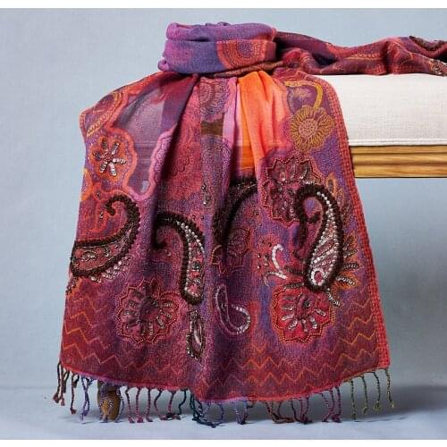 Handmade bead embroidery plant printing and dyeing ethnic warm long 100% wool scarf Women shawl