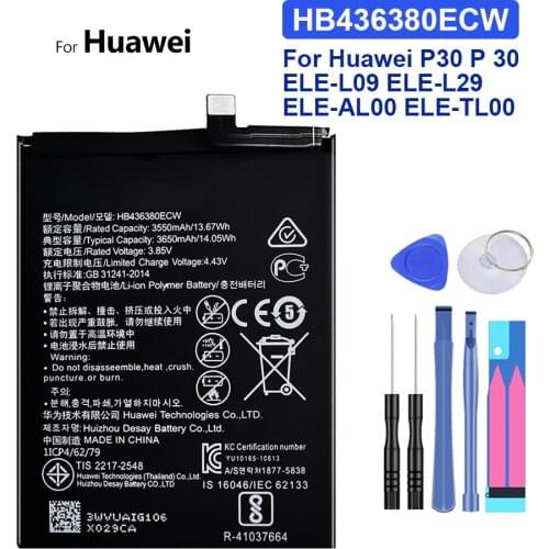 Battery HB436380ECW 3650mAh For Huawei P30 P 30 ELE-L09 ELE-L29 ELE-AL00 ELE-TL00 Bateria