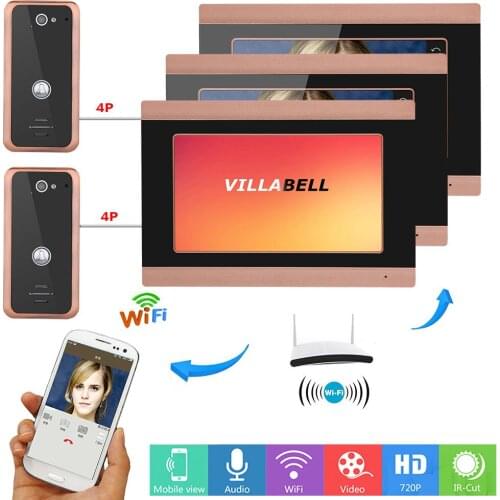 7inch Wireless 3 Monitors Wired Wifi Video Door Phone Doorbell Intercom Entry System with 2X 1000TVL Wired Camera Night Vision
