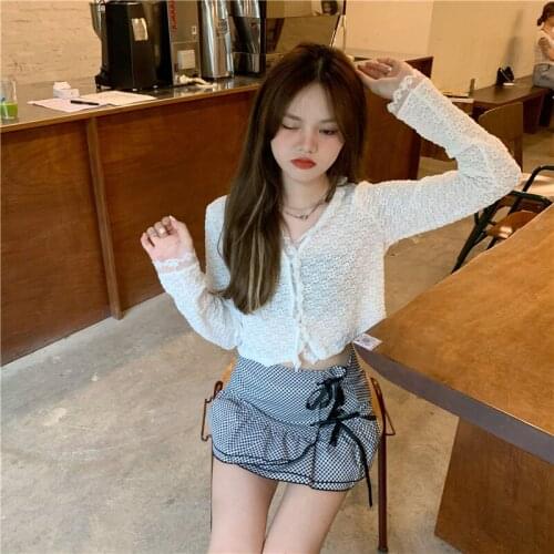 Long Sleeve Blouse Lace Edge Short White Long-sleeved Chiffon Shirt Womens New Summer Slim Slimming Outer Wear Sunscreen Top