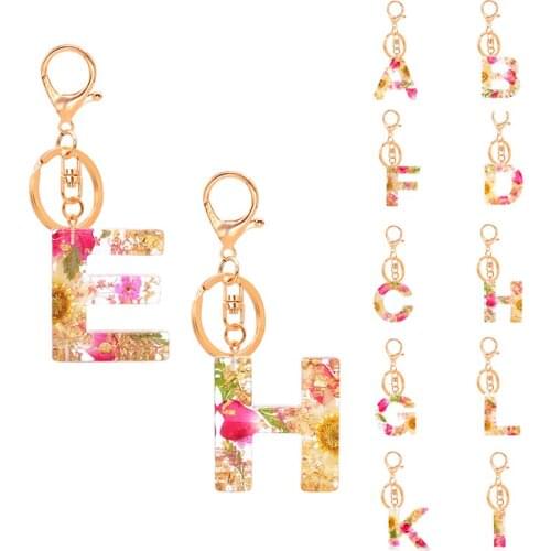 Dried Flower Letter Keychains Resin Key Chains Rings For Women Men Car Acrylic Glitter Keyring Holder Charm Bag Pendant Gifts