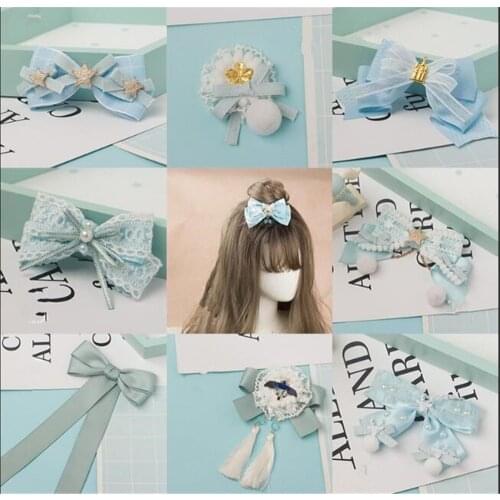 Maiden blue Lolita bowknot hairpin Fairy Cosplay Lolita lace hair side clip Princess hair accessories B995