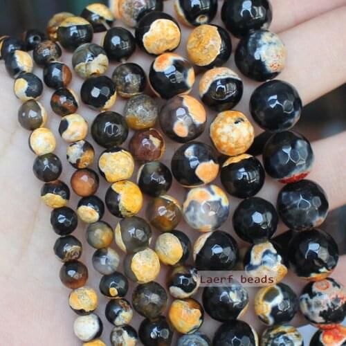 Faceted Yellow Black Fire Agate 6-12mm Round Loose Beads 14inch ,Wholesale For DIY Jewellery Free Shipping