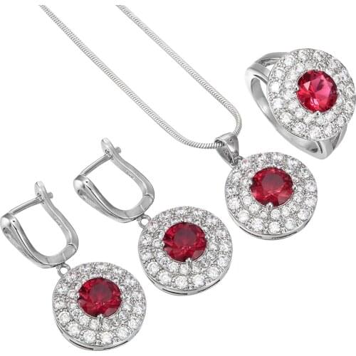 Hainon Silver Color Jewelry Sets Round Full of Red Zircon Wedding Ring Necklace Dangle Earring Set Bridal Engagement Jewelry Set