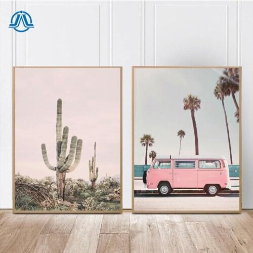 Pink Camper Van Bus Canvas Art Prints Retro Car Poster Cactus Palm Tree Canvas Painting Coastal Wall Picture Boho Art Home Decor