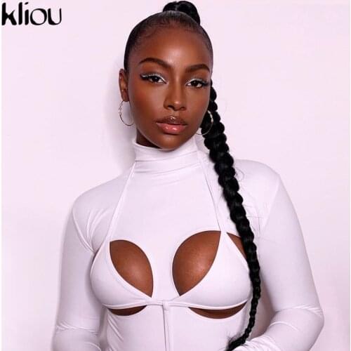 Kliou Sexy Hollow Out Lace Up Halter Bikini Romper Women Jumpsuit Bodycon Turtleneck Striped Bra Zipper Solid Skinny Streetwear