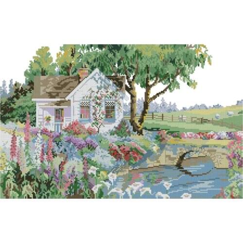 Cottage across the Bucilla Bridge Cross Stitch Set Cross-stitch Kit Embroidery Needlework Craft Packages Cotton Fabric Floss