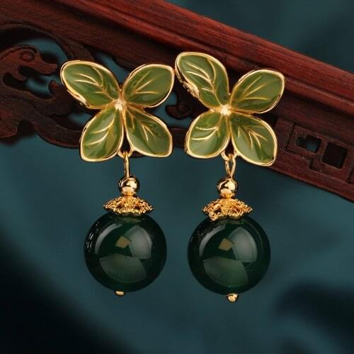 2020 New Original Fashion Vintage Green colors Flower earrings nature stones earrings Ethnic Jewelry for women
