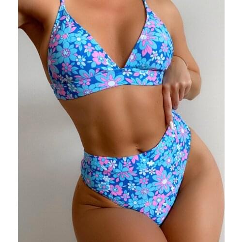 New Flower V Bar Underwire High Waist Bikini Women Swimwear Two-pieces Bikini Blue Flowers B252W 2021 New Style