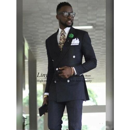 New Navy Blue Stripe Men Wedding Tuxedos Fashion Groom Tuxedos Peak Lapel Double-Breasted Men Blazer 2 Piece Suit(Jacket+Pants)