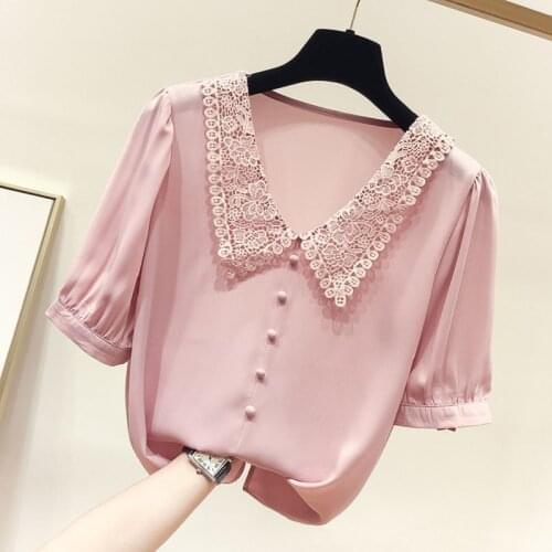 Solid Chiffon Women Shirts Summer New Design 2021 Lace Turn-Down Collar Solid Elegant Office Lady Outwear Tops