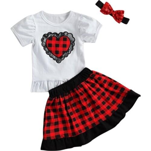 1-6Y Toddler Kids Baby Girl Valentines Day Clothes Sets Short Sleeve Heart Print T-shirt Tops Plaid Skirt Headband 3PCS