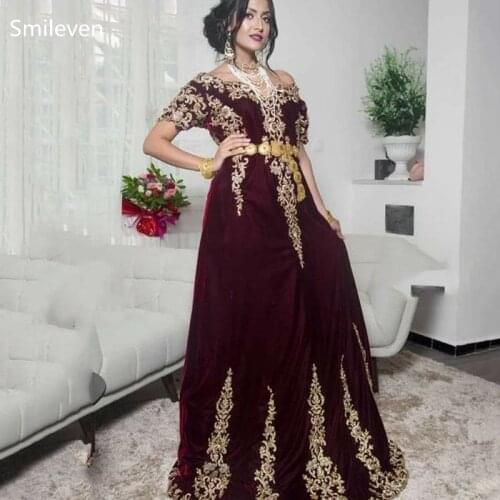 Smileven Velvet Caftan Formal Evening Gowns Short Sleeve A Line Gold Lace Special Occasion Dress Vestido de fiesta Prom Gowns