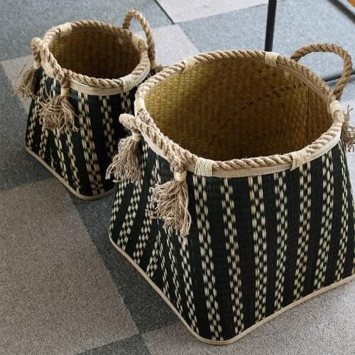 Handmade Woven laundry basket Retro hemp rope handle straw woven striped toy storage basket Size S