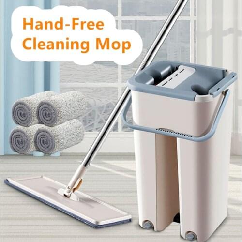 Flat Squeeze Mop and Bucket Hand-Free Wringing Floor Cleaning Mop Wet or Dry Usage Magic Automatic Spin Self Cleaning Lazy Mop