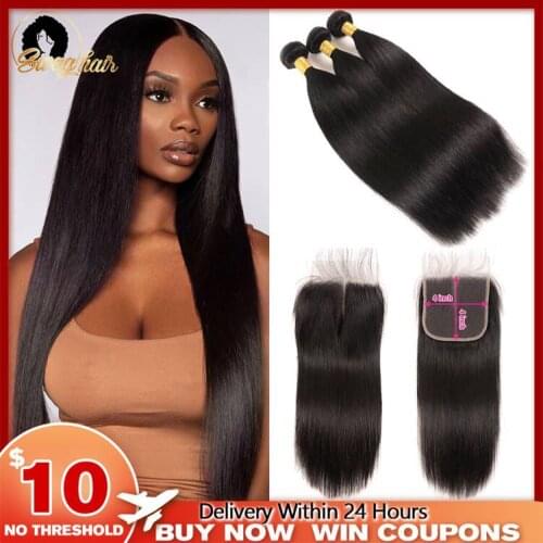 Swag Straight Bundles With Closure Human Hair 3 Bundles With Closure Perviuan Hair With 4X4 Closure 30Inch